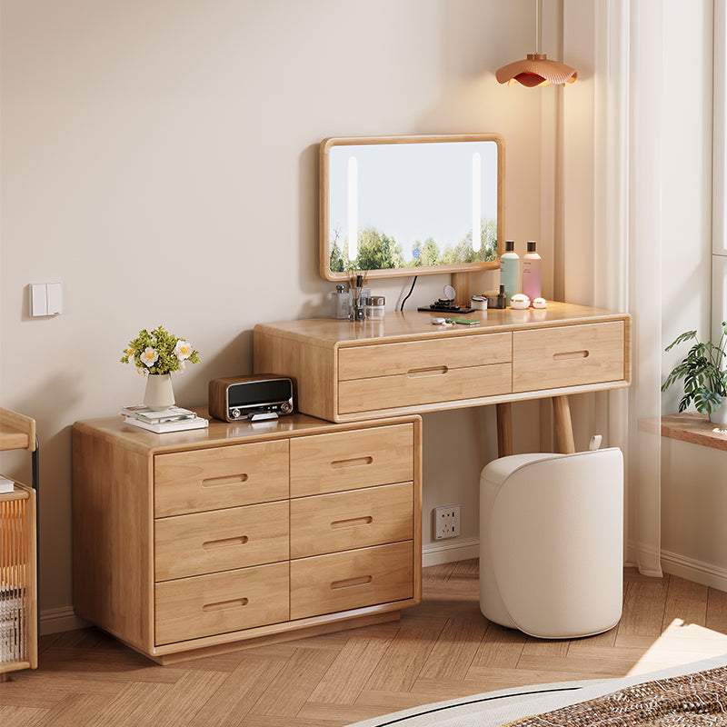 Evaro 6-Drawer Natural Wood Storage Dressing Table with Stool and Mirr ...